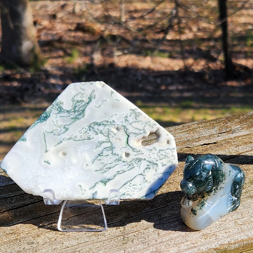2pc Moss Agate tiger carving and slice - natural stones